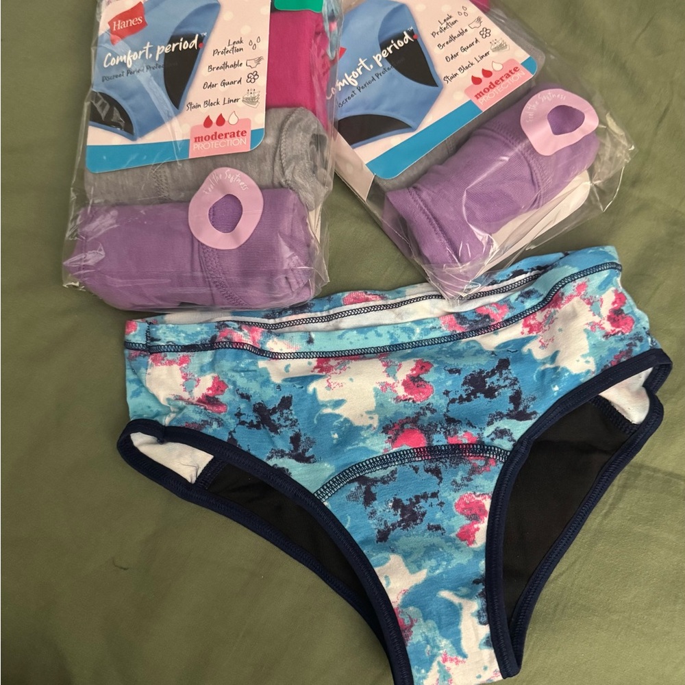 Hanes  girls size 10 Comfort Period Underwear - Blue, Gray, and Purple